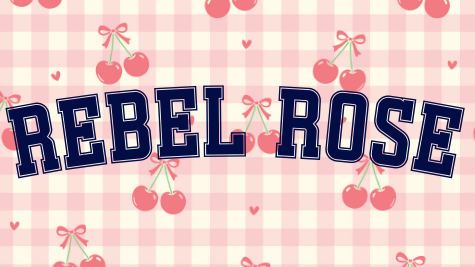 Patterned background with 'REBEL ROSE' text and cherries on a pink and white checkered background